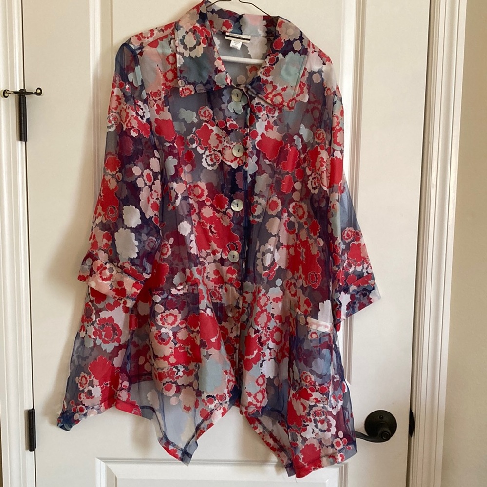 Red and Pink Asymmetrical Button Down Tunic